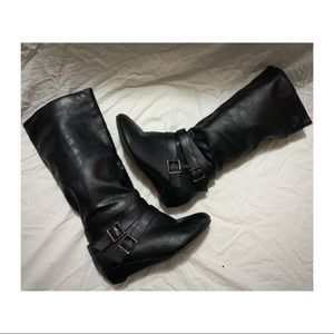 Black knee high boots with small wedge heel